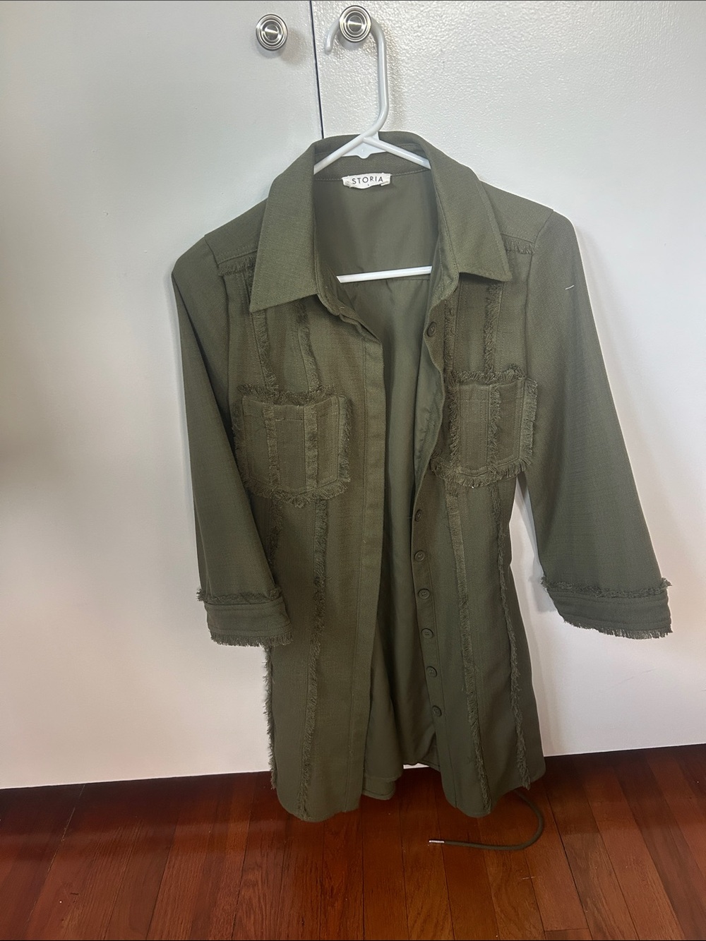Storia Olive Utility Trench Coat with Frayed Trim